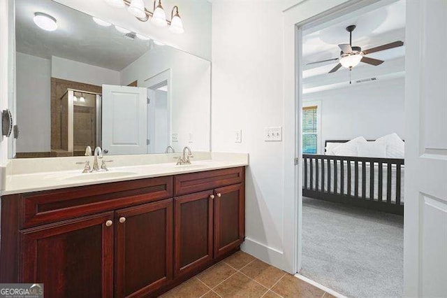 3202 Saute Way, Avondale Estates, GA 30002 - full bathroom featuring double vanity, connected bathroom, tile patterned floors, ceiling fan, and an enclosed shower