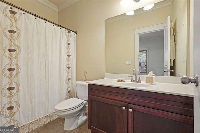 3202 Saute Way, Avondale Estates, GA 30002 - bathroom featuring ornamental molding, vanity, tile patterned flooring, and curtained shower