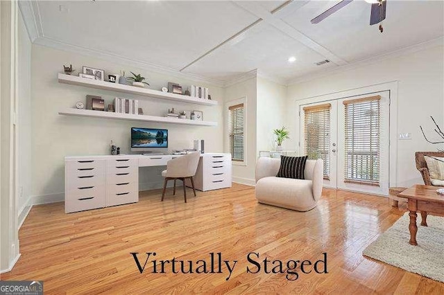 3202 Saute Way, Avondale Estates, GA 30002 - home office with crown molding, french doors, light wood-style floors, ceiling fan, and built in study area