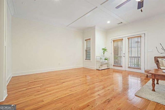3202 Saute Way, Avondale Estates, GA 30002 - spare room featuring french doors, ornamental molding, light wood finished floors, ceiling fan, and recessed lighting
