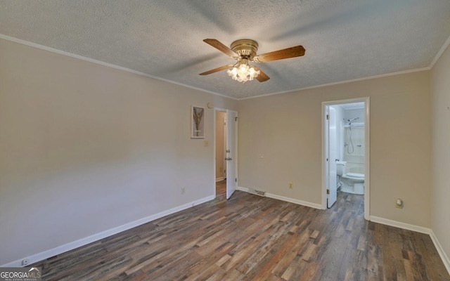 37 Cunningham Dr, Hartwell, GA 30643 - unfurnished bedroom with dark wood-style flooring, a textured ceiling, ornamental molding, ensuite bathroom, and a ceiling fan