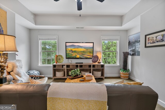 452 Rockford Pass, Marietta, GA 30064 - living area featuring ceiling fan and a tray ceiling