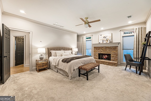 625 Wynfield Ct, Roswell, GA 30076 - carpeted bedroom with ornamental molding, a fireplace, multiple windows, recessed lighting, and ceiling fan