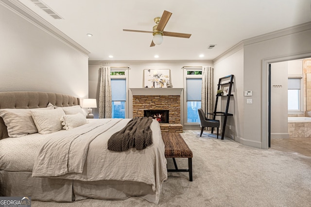 625 Wynfield Ct, Roswell, GA 30076 - bedroom featuring ornamental molding, multiple windows, carpet, a fireplace, and recessed lighting