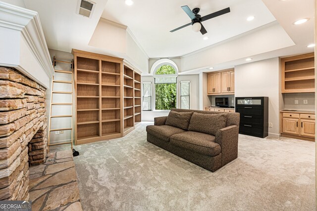 625 Wynfield Ct, Roswell, GA 30076 - living area with light colored carpet, recessed lighting, crown molding, and ceiling fan