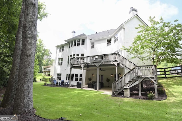 1895 Henley Way, Alpharetta, GA 30009 - back of house featuring a chimney, a patio, stairway, a wooden deck, and ceiling fan