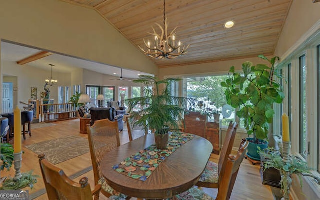 212 Windjammer Dr, Hiawassee, GA 30546 - dining space with a chandelier, wooden ceiling, healthy amount of natural light, wood finished floors, and high vaulted ceiling