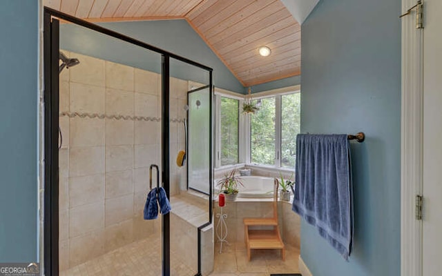 212 Windjammer Dr, Hiawassee, GA 30546 - full bath with lofted ceiling, wooden ceiling, a garden tub, tile patterned flooring, and a stall shower