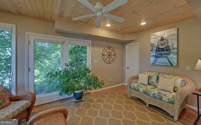 212 Windjammer Dr, Hiawassee, GA 30546 - living room featuring wooden ceiling, healthy amount of natural light, a ceiling fan, and recessed lighting