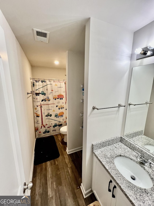 312 Indian River Dr, Jefferson, GA 30549 - bathroom featuring wood finished floors, vanity, and a shower with curtain
