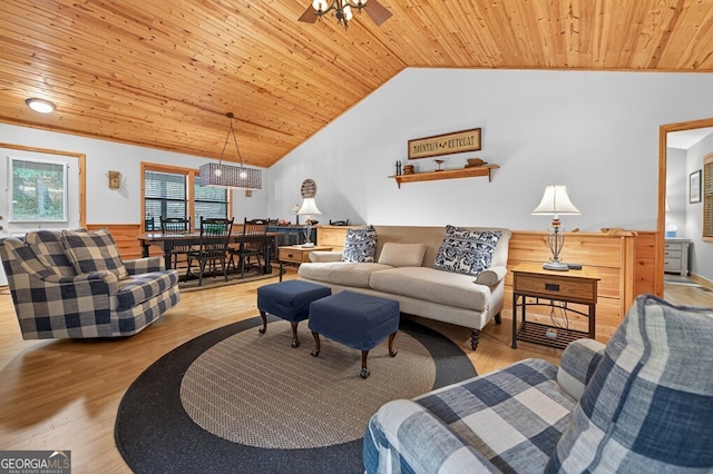 191 Deer Run Rd, Blairsville, GA 30512 - living room featuring wooden ceiling, lofted ceiling, wood finished floors, a ceiling fan, and a wainscoted wall