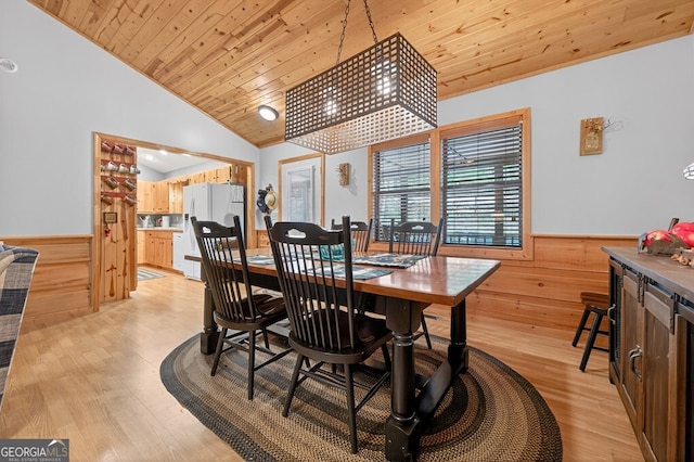 191 Deer Run Rd, Blairsville, GA 30512 - dining space featuring wainscoting, wooden walls, vaulted ceiling, wood ceiling, and light wood-style floors