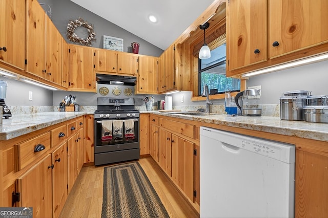191 Deer Run Rd, Blairsville, GA 30512 - kitchen featuring dishwasher, gas stove, under cabinet range hood, lofted ceiling, and light wood finished floors