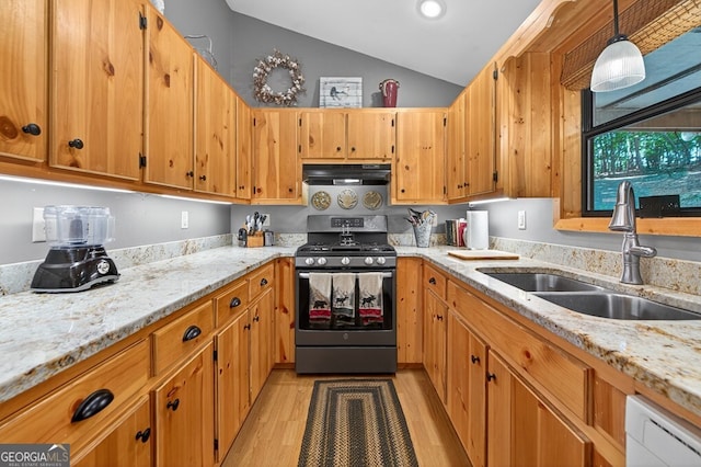 191 Deer Run Rd, Blairsville, GA 30512 - kitchen with stainless steel gas range oven, under cabinet range hood, lofted ceiling, light wood-style flooring, and white dishwasher