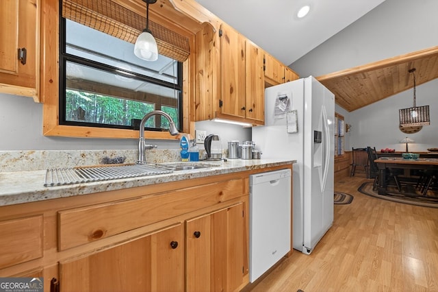 191 Deer Run Rd, Blairsville, GA 30512 - kitchen with white appliances, lofted ceiling, light wood-type flooring, decorative light fixtures, and light stone countertops