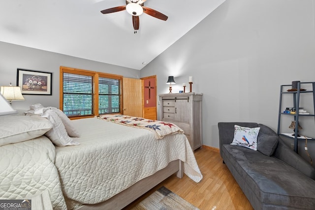 191 Deer Run Rd, Blairsville, GA 30512 - bedroom featuring light wood-style flooring, vaulted ceiling, and a ceiling fan