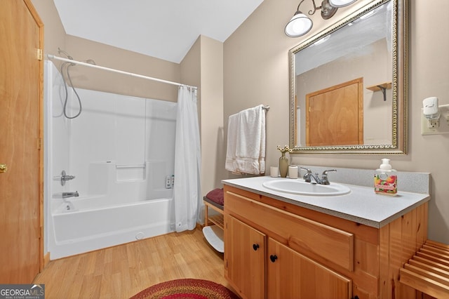 191 Deer Run Rd, Blairsville, GA 30512 - bathroom featuring wood finished floors, shower / bath combination with curtain, and vanity