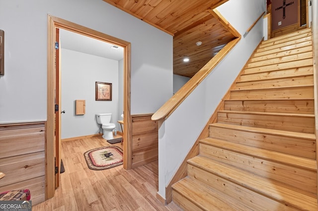 191 Deer Run Rd, Blairsville, GA 30512 - stairs with wood finished floors, wood ceiling, and recessed lighting