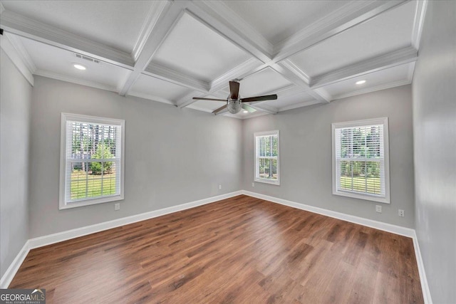 605 Live Oak Way, Dublin, GA 31021 - unfurnished room with dark wood-style floors, beamed ceiling, a ceiling fan, recessed lighting, and coffered ceiling