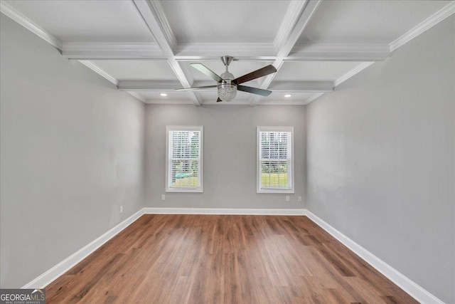 605 Live Oak Way, Dublin, GA 31021 - spare room featuring wood finished floors, beam ceiling, coffered ceiling, a ceiling fan, and ornamental molding