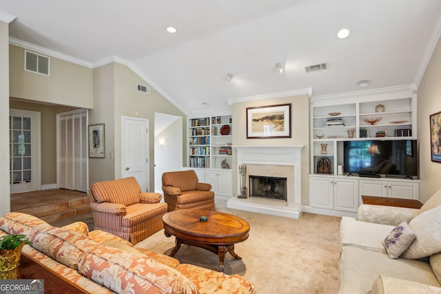 747 Channing Dr NW, Atlanta, GA 30318 - living room featuring built in features, vaulted ceiling, a premium fireplace, ornamental molding, and recessed lighting
