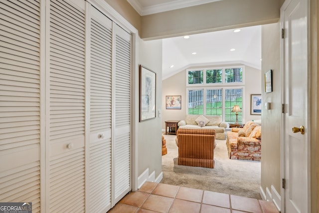 747 Channing Dr NW, Atlanta, GA 30318 - corridor featuring carpet flooring, lofted ceiling, recessed lighting, tile patterned floors, and crown molding