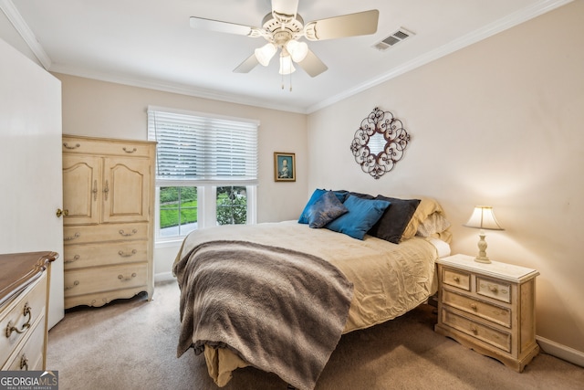 747 Channing Dr NW, Atlanta, GA 30318 - bedroom featuring light colored carpet, crown molding, and a ceiling fan