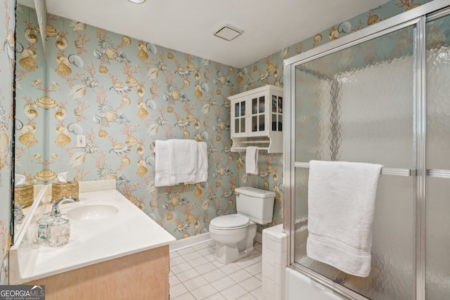 747 Channing Dr NW, Atlanta, GA 30318 - full bath featuring wallpapered walls, tile patterned flooring, vanity, and combined bath / shower with glass door