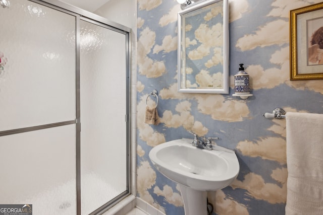 747 Channing Dr NW, Atlanta, GA 30318 - bathroom with wallpapered walls and a stall shower