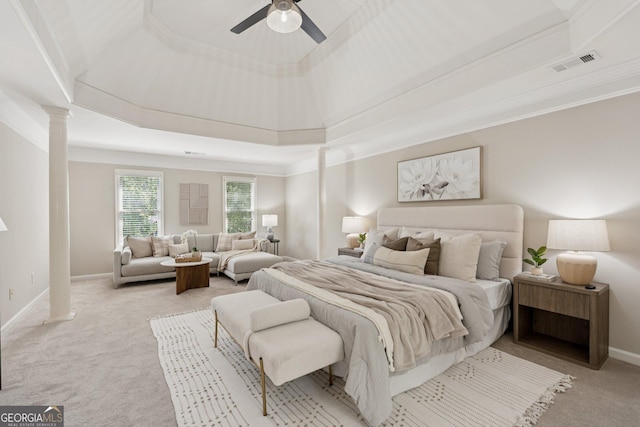 665 Greenview Ter, Milton, GA 30004 - bedroom featuring decorative columns, a raised ceiling, light carpet, crown molding, and ceiling fan