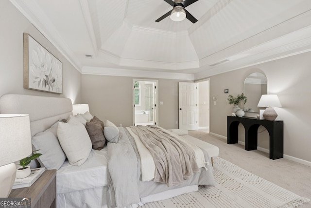665 Greenview Ter, Milton, GA 30004 - carpeted bedroom with a tray ceiling, crown molding, and ensuite bathroom
