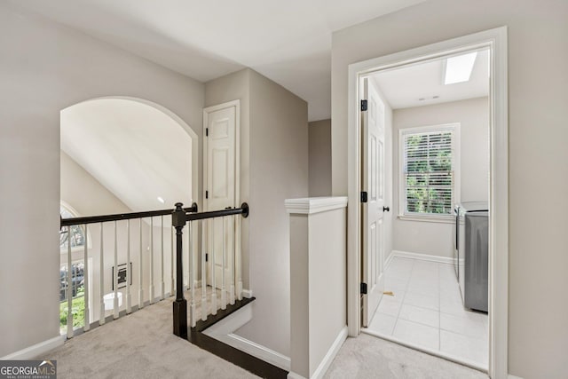 665 Greenview Ter, Milton, GA 30004 - corridor featuring an upstairs landing, carpet flooring, and washer / dryer