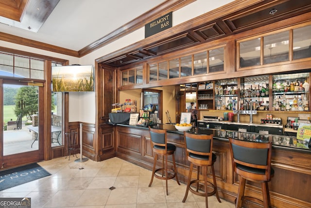 665 Greenview Ter, Milton, GA 30004 - community bar area with tile patterned floors, a wainscoted wall, and ornamental molding