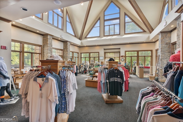 665 Greenview Ter, Milton, GA 30004 - misc room with high vaulted ceiling, carpet flooring, beam ceiling, recessed lighting, and decorative columns