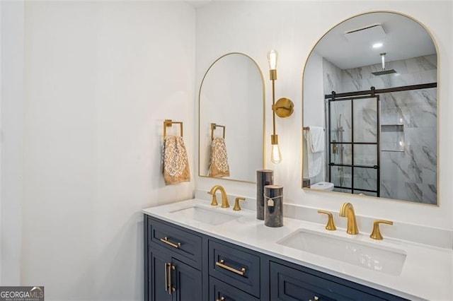 335 Amberidge, Atlanta, GA 30328 - bathroom featuring double vanity and a marble finish shower