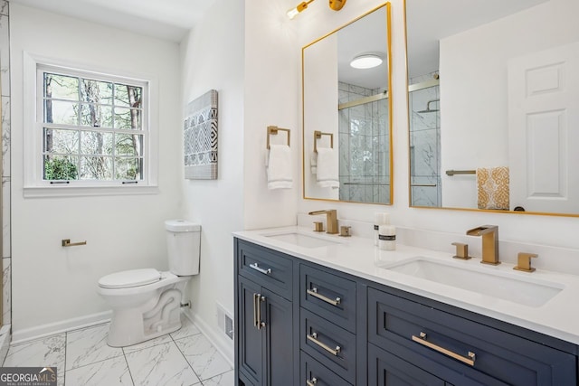 335 Amberidge, Atlanta, GA 30328 - full bathroom with marble look tile flooring, double vanity, and a shower stall