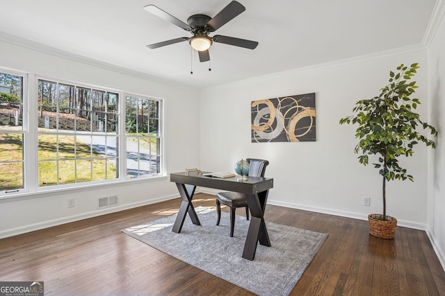 335 Amberidge, Atlanta, GA 30328 - office area with crown molding, wood finished floors, and a ceiling fan