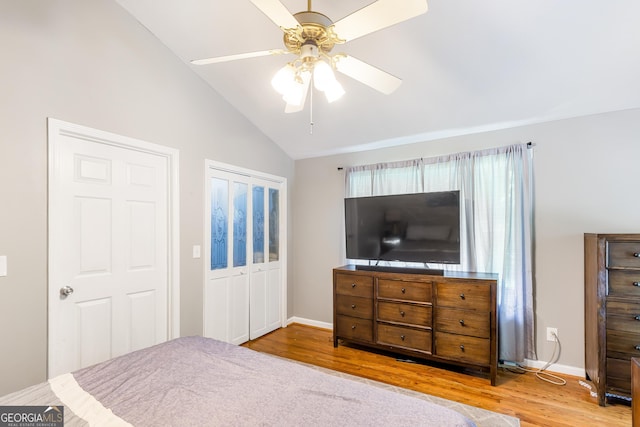 412 Perry Rd, Armuchee, GA 30105 - bedroom featuring wood finished floors, lofted ceiling, and ceiling fan
