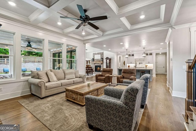 6326 Point Twenty Two, Gainesville, GA 30506 - living room featuring ceiling fan, stairs, light wood-type flooring, beamed ceiling, and coffered ceiling
