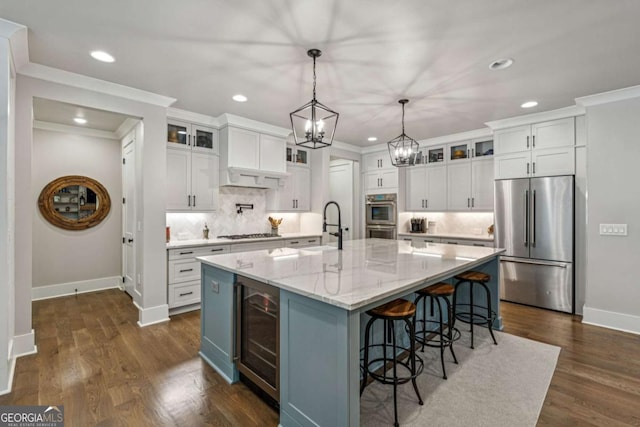 6326 Point Twenty Two, Gainesville, GA 30506 - kitchen with stainless steel appliances, wine cooler, recessed lighting, tasteful backsplash, and white cabinets