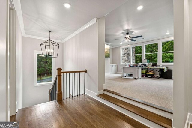 6326 Point Twenty Two, Gainesville, GA 30506 - foyer entrance with ornamental molding, a chandelier, wood finished floors, recessed lighting, and a ceiling fan