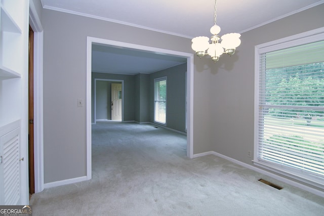 350 Laurel Ln, Lagrange, GA 30241 - spare room with a chandelier, light colored carpet, and ornamental molding