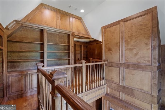 4634 Whitestone Way, Suwanee, GA 30024 - hall with an upstairs landing, wood finished floors, recessed lighting, and lofted ceiling