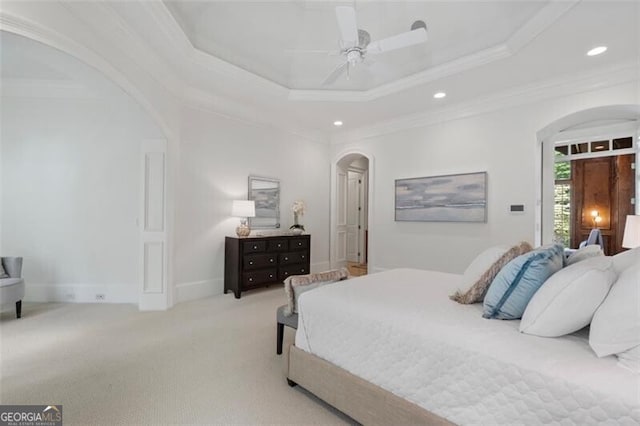 4634 Whitestone Way, Suwanee, GA 30024 - bedroom featuring arched walkways, ornamental molding, recessed lighting, light carpet, and a ceiling fan