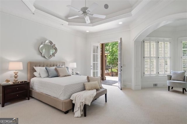 4634 Whitestone Way, Suwanee, GA 30024 - bedroom with ornamental molding, access to exterior, light carpet, arched walkways, and recessed lighting