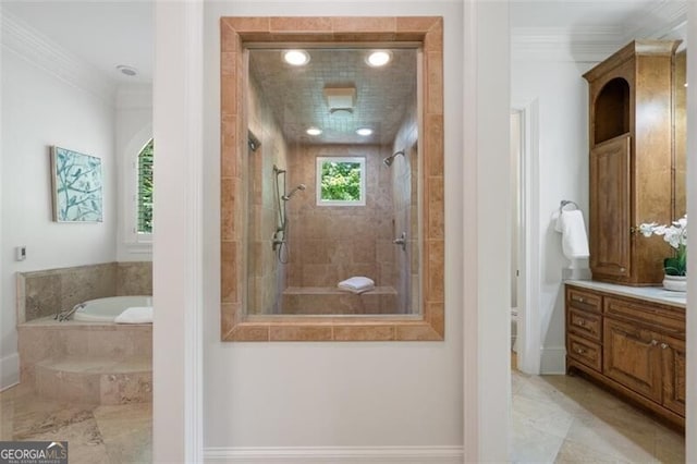 4634 Whitestone Way, Suwanee, GA 30024 - full bath featuring a garden tub, vanity, a tile shower, and ornamental molding