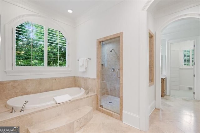 4634 Whitestone Way, Suwanee, GA 30024 - bathroom featuring a garden tub, a shower stall, tile patterned flooring, and ornamental molding