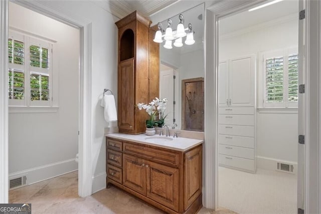 4634 Whitestone Way, Suwanee, GA 30024 - bathroom with vanity, plenty of natural light, tile patterned flooring, and crown molding