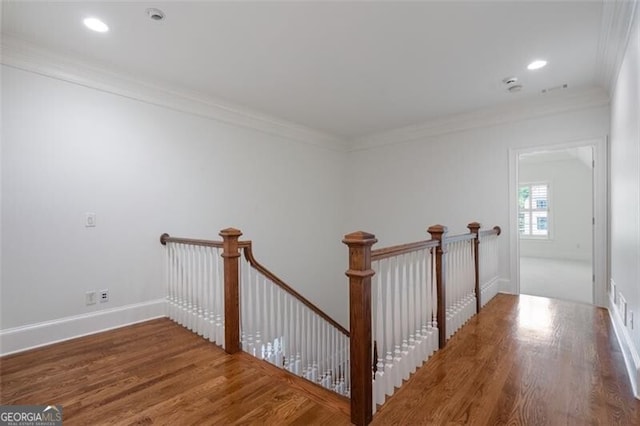 4634 Whitestone Way, Suwanee, GA 30024 - corridor featuring an upstairs landing, wood finished floors, ornamental molding, and recessed lighting