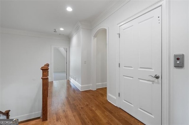 4634 Whitestone Way, Suwanee, GA 30024 - hallway with crown molding, wood finished floors, and recessed lighting